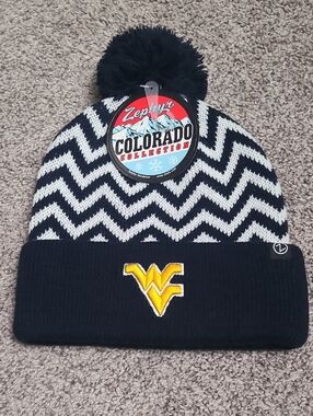Zephyr Black & White Chevron Pom Beanie with Yellow WV Mountaneers Emblem